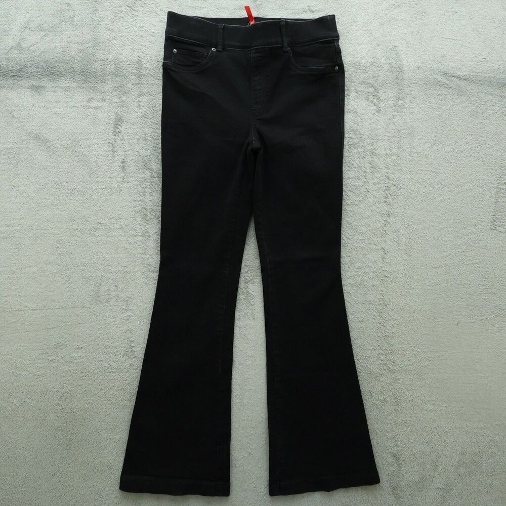 Spanx Pull On Jeans Women's Size M Petite Black Mid-Rise Flare Denim 31" Inseam